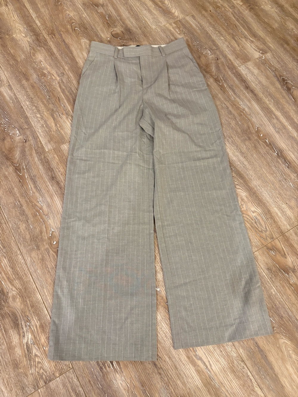 Mango Wide Leg Pinstripe Trousers in Light Gray